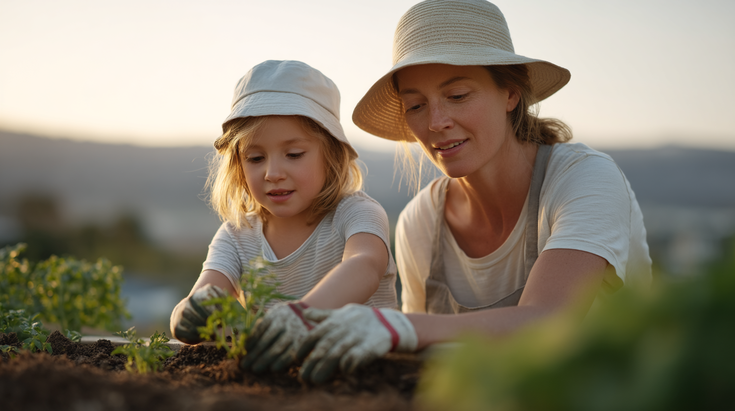 Una madre con su hija plantan una planta en un jardín.